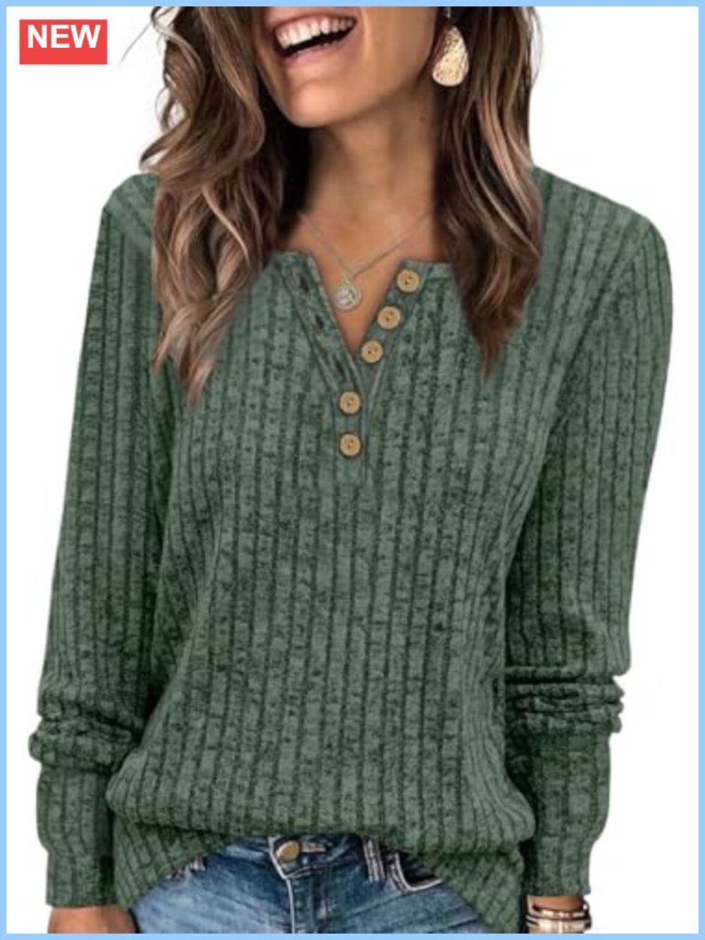 Henley Sweater Ribbed Knit Button V Neck Long Sleeve Pullover